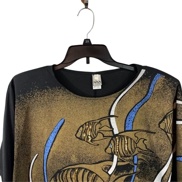 Vintage 80’s Sequin Embellished Batwing Top 2X Fish Gold Black - Picture 4 of 9